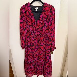 J. Crew Red and Purple Floral Long Sleeve Dress